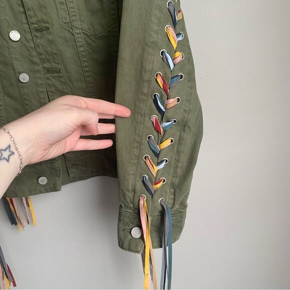 BLANKNYC Rainbow Lace-Up Fringe Denim Festival Jacket Size XS Green - Picture 4 of 8